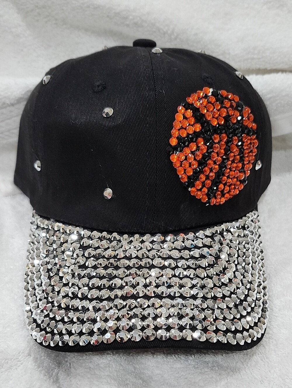 Black Baseball Cap with Orange Crystal Basketball & Silver Studded Visor